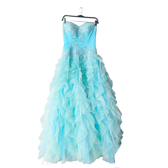 ALYCE DESIGNS Ruffle Sheer Prom Gown Size 8 Aqua Strapless Embellished Cocktail - Picture 3 of 5